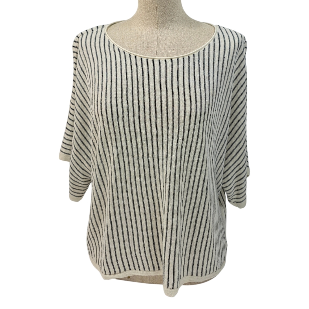 Eileen Fisher Linen Tencel Knit Top M Boxy Stripe Short Sleeve